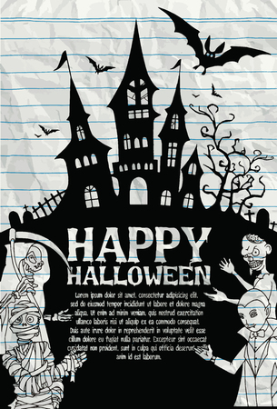 Halloween design template. Spooky landscape with castle , Flat Design illustration.の写真素材