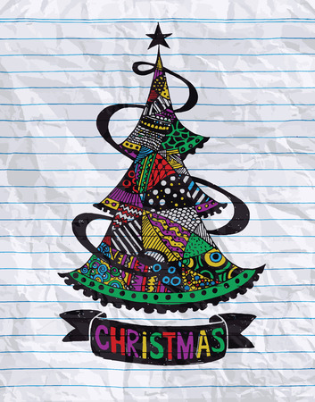 Hand drawing Doodle  Christmas tree-baubles background,Texture of crumpled paper. Vector illustration.のイラスト素材
