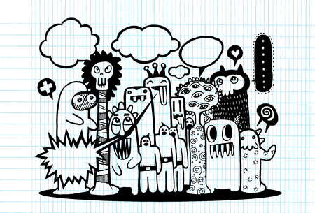 Hand Drawn Monsters and cute alien friendly cartoon,doodle Style with Speech Bubblesのイラスト素材