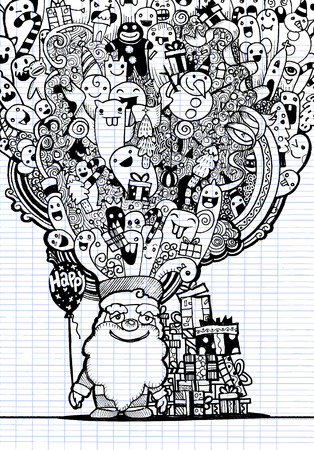 Full head of christmas things - creative xmas art line illustration, Santa Claus opened headのイラスト素材