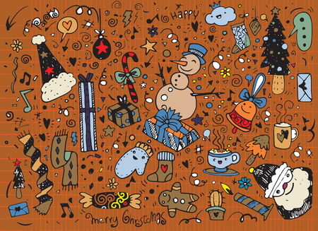 Hand drawn Christmas characters and elements, Vector illustration of Doodleのイラスト素材