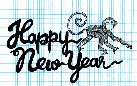 Hand drawing Doodle of New Year card with Monkey for year 2016. Vector illustration.のイラスト素材