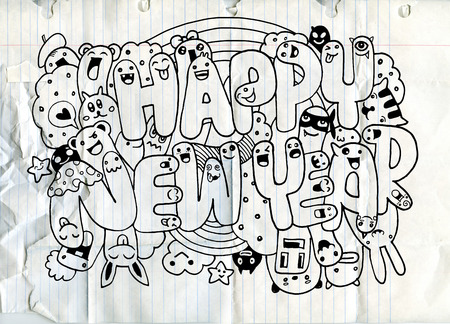Doodle style Happy New Year sketch with cute monsters.flat vector illustrationのイラスト素材