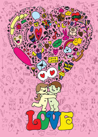 Hand Drawn Cute doodle couple,Flat Design Vector illustration.のイラスト素材