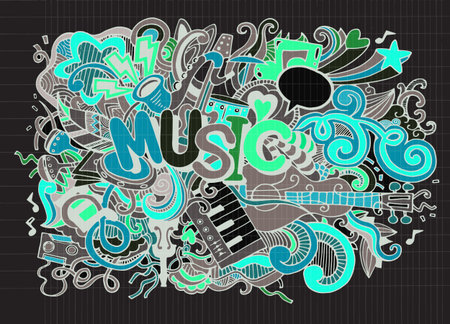 Abstract Music Background ,Collage with musical instruments.Hand drawing Doodle,vector illustration.のイラスト素材