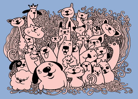 Hand drawn doodle Funny Dogs and Cat Set, Vector illustration.のイラスト素材