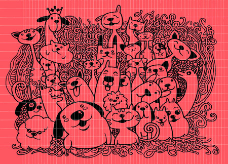 Hand drawn doodle Funny Dogs and Cat Set, Vector illustration.のイラスト素材