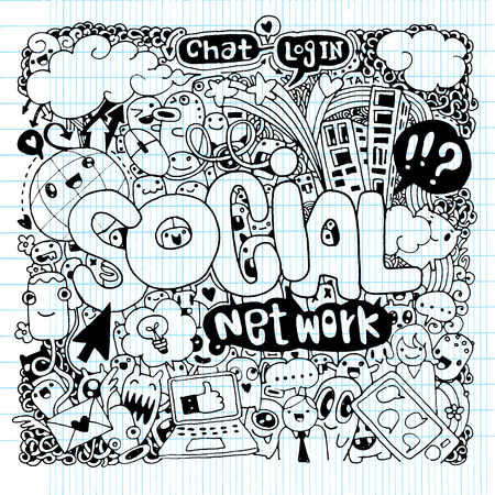 Social hand lettering and doodles elements background. Vector illustrationのイラスト素材