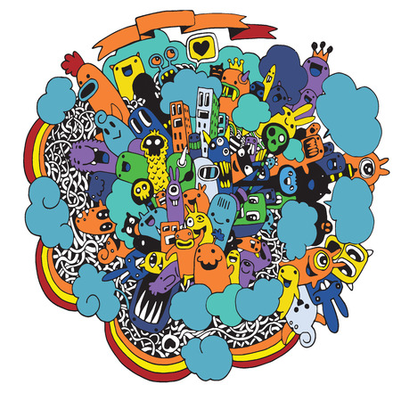 Vector illustration of Monsters and cute alien friendly, cool, cute hand-drawn monsters collectionのイラスト素材