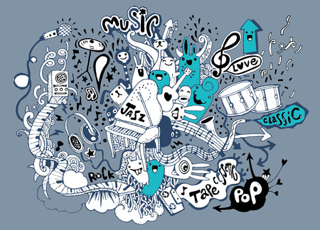 Abstract Music Background ,Collage with musical instruments.Hand drawing Doodle,vector illustration.のイラスト素材