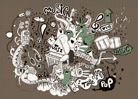 Abstract Music Background ,Collage with musical instruments.Hand drawing Doodle,vector illustration.のイラスト素材