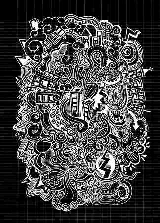 Cartoon vector doodles hand drawn town,vector illustrationのイラスト素材