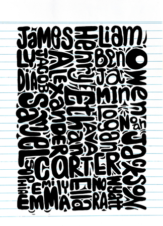 Hand Drawn of most popular baby boy and girl names,Vector illustrationのイラスト素材