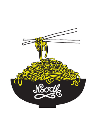 Cartoon noodles in the bowl with chopsticks. Hand drawn vector illustration. Kitchen design with Asia foodのイラスト素材