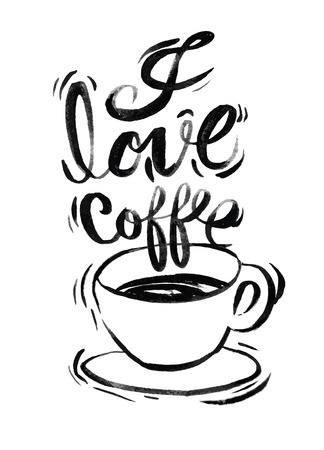 I love coffee,Modern brush calligraphy. Handwritten ink lettering. Hand drawn design elements.のイラスト素材