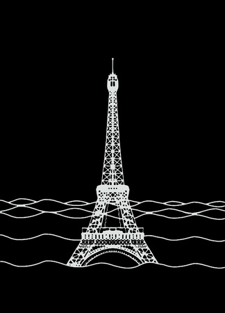 Eiffel tower flood. France attraction underwater. France symbol filled with water. Fish swim in water. Disaster in Paris Franceのイラスト素材