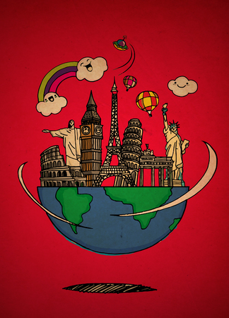 Travel to World. Road trip. Tourism. Landmarks on the globe. Concept website template. Vector illustration. Modern flat design.のイラスト素材