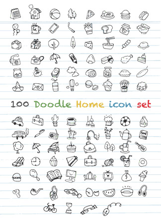 Set of 100 Cute Doodle icons Universal Set,Animal icons , Sport icons , Drink icons , Food icons ,Music icons ,school set,home set,Hand drawing line icons.のイラスト素材