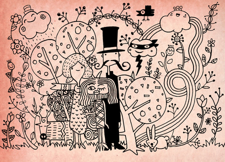 Child hand drawing illustration of happy family with animal and flower,vector illustrationのイラスト素材
