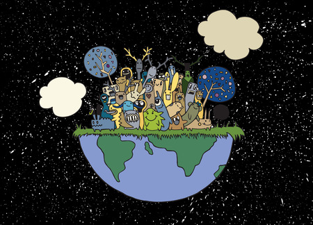 Vector illustration of funny Monsters Population with continents of Our Worldのイラスト素材