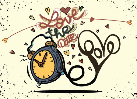 Vector cartoon clock with hearts. Valentine's day card. love the dateのイラスト素材