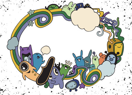 Crazy monster Social with copy space,doodle drawing style.Vector illustrationのイラスト素材