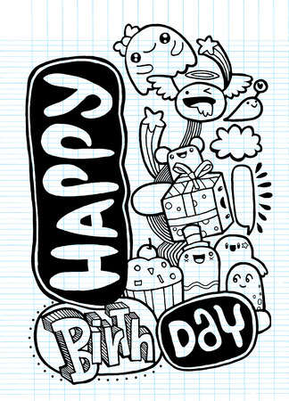 Happy birthday ,monster party card design ,Hand drawn ,Doodle,Vector illustrationのイラスト素材