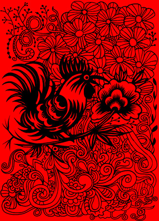 Hand Drawn Vector Illustration of Zodiac Sign for Year of Rooster ,Chinese traditional designのイラスト素材
