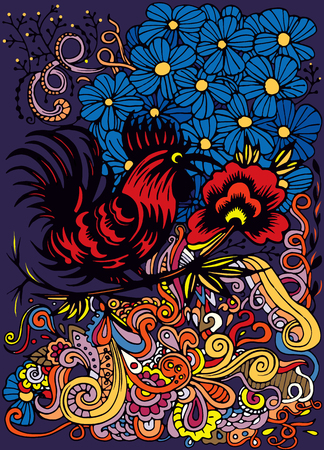Hand Drawn Vector Illustration of Zodiac Sign for Year of Rooster ,Chinese traditional designのイラスト素材