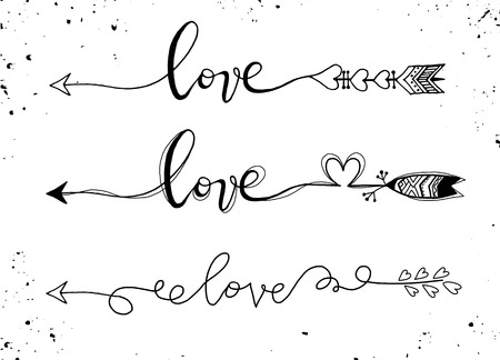 Set of hand drawn Valentine's day design elements. Hearts, arrows, wreath, phrases. Hand written greetings.のイラスト素材