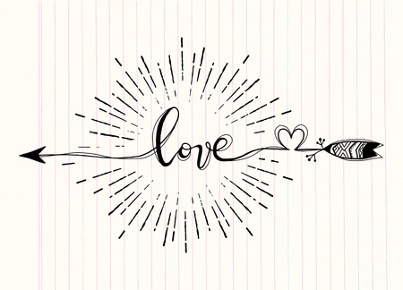 Vector illustration of typography word sign LOVE, arrow isolated with sunbursts in vintage style for Valentines day greeting printのイラスト素材