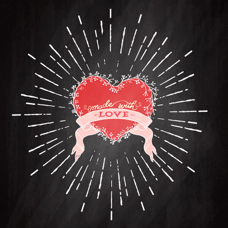 Vector illustration of typography word , made with love. Hand lettering vintage quote  with ribbon and starburst in vintage style for Valentines day greeting printのイラスト素材