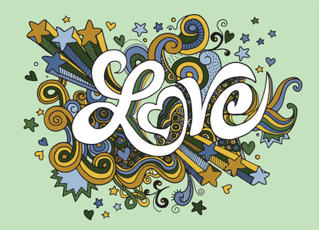 Love hand lettering and doodles elements sketch background.Vector illustrationのイラスト素材