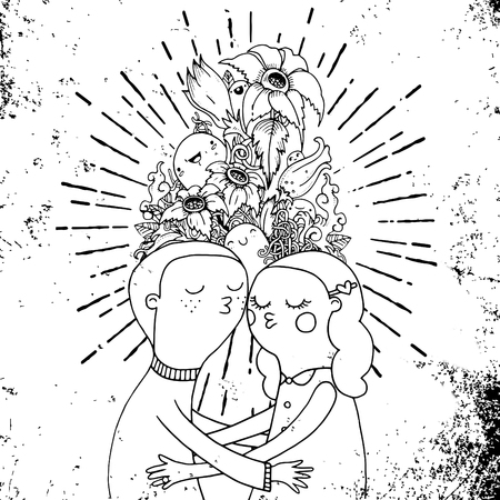 Doodle lovers, a boy and a girl composition in doodle style. Floral, ornate, decorative, tribal, design elements. Hearts, flowers, leaves. Zentangleのイラスト素材