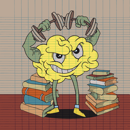 Vector illustration of doodle brain lifts with dumbbells. Fitness cartoon brain concept. Doodle style. Thin line art flat design of brain for sport,Train your brain. Creative conceptのイラスト素材