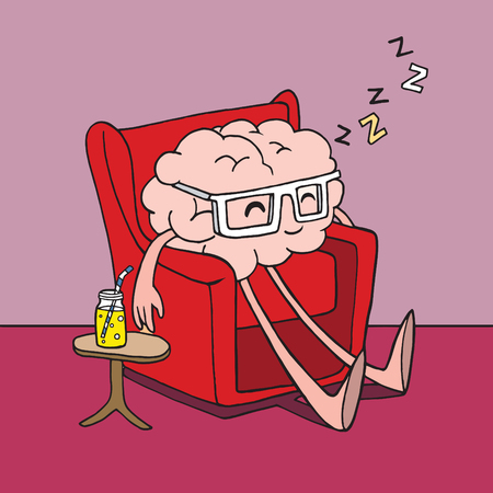 Vector illustration of doodle brain that rests on a armchair, Relaxing with a glass of juice flat cartoon vector illustration ,the concept of relaxing the mindのイラスト素材