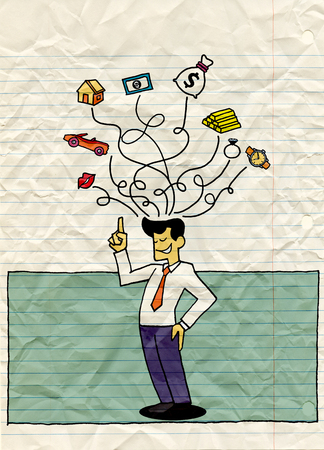 Vector illustration of Doodle successful business man Thinking  about house, car, watch, money , gold bar. Saving and investing money. Future financial planning conceptのイラスト素材