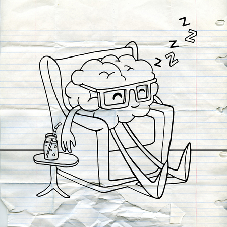 Vector illustration of doodle brain that rests on a armchair, Relaxing with a glass of juice flat cartoon vector illustration ,the concept of relaxing the mindのイラスト素材