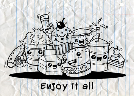 Hand drawing cute Fast Food in comic ,Flat Design Vector illustration. doodle styleのイラスト素材