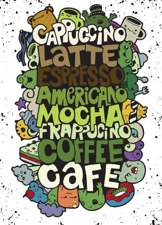 Hand drawing names of popular coffee drinks with cute monsters ,Flat Design Vector illustration. doodle styleのイラスト素材