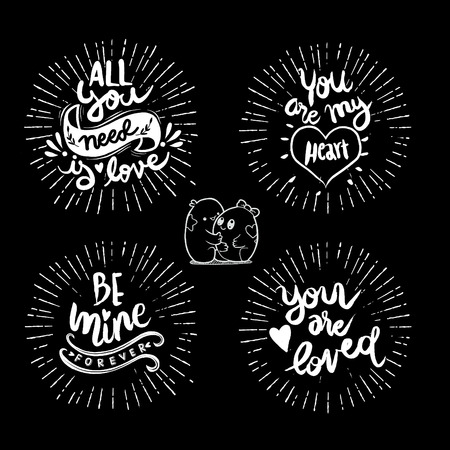 Calligraphic Love words,Vector typography poster, romantic quote,Vintage hand written lettering with sunbursts in vintage style  for Valentines day greeting printのイラスト素材