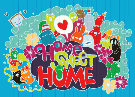 Home sweet Home ,Hipster Hand drawn Crazy doodle Monster City,drawing style.Vector illustration,Family conceptのイラスト素材
