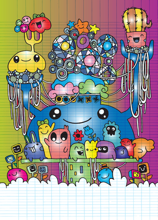 Hipster Hand drawn Crazy doodle Monster group drawing style.Vector illustrationのイラスト素材