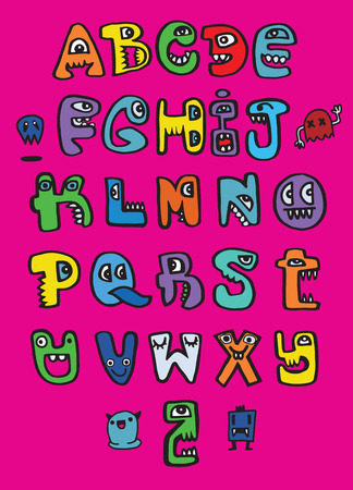 Hand drawn funny monster alphabet. Isolated letters  doodle font.vector illustration.のイラスト素材
