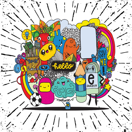 Hipster Hand drawn Crazy doodle Monster group drawing style.Vector illustration,back to school conceptのイラスト素材