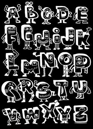 Hand drawn funny monster alphabet. Isolated letters  doodle font.vector illustration.のイラスト素材