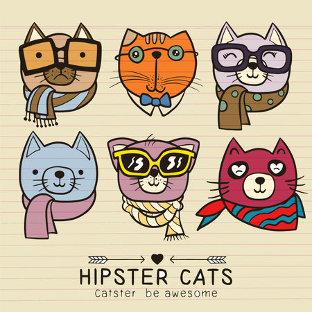 cute cat illustration series, portrait of cat hipster, hand drawn animal illustration,Set of stylish cats. Vector trendy hipster style for greeting card design, print, inspiration poster.のイラスト素材