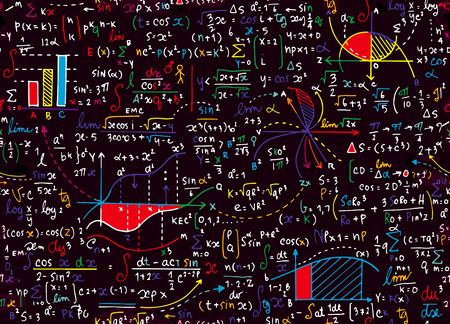 Math education vector pattern with handwritten formulas, tasks, plots, calculations and geometrical figures.seamless background doodle vector.のイラスト素材
