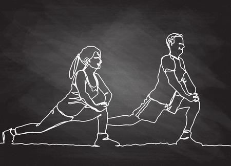 continuous line drawing of happy man and woman stretching,Vector hand drawn illustration.のイラスト素材