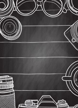 Hand Drawn Vector Illustration ,Top view of retro camera and lens, set of cool photography on wooden background, Close up top view with space for text,Voyage conceptのイラスト素材